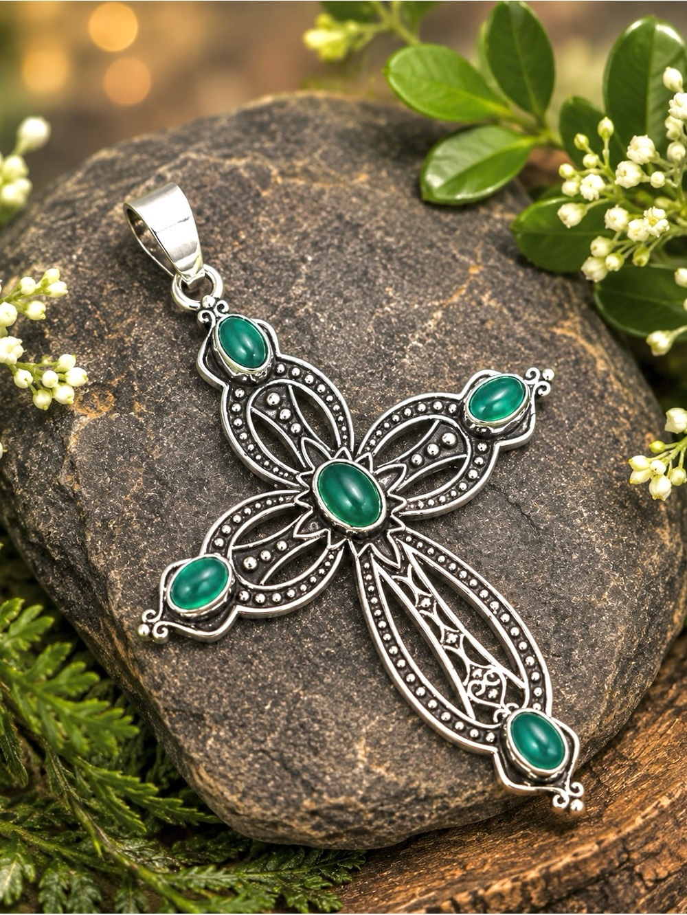 Green Onyx Sterling Silver 2.5” Cross Pendant - Picture 4 of 5